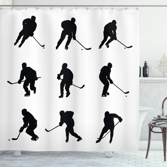Ambesonne Hockey Shower Curtain, Black Player Silhouettes, 69"Wx70"L, Black White