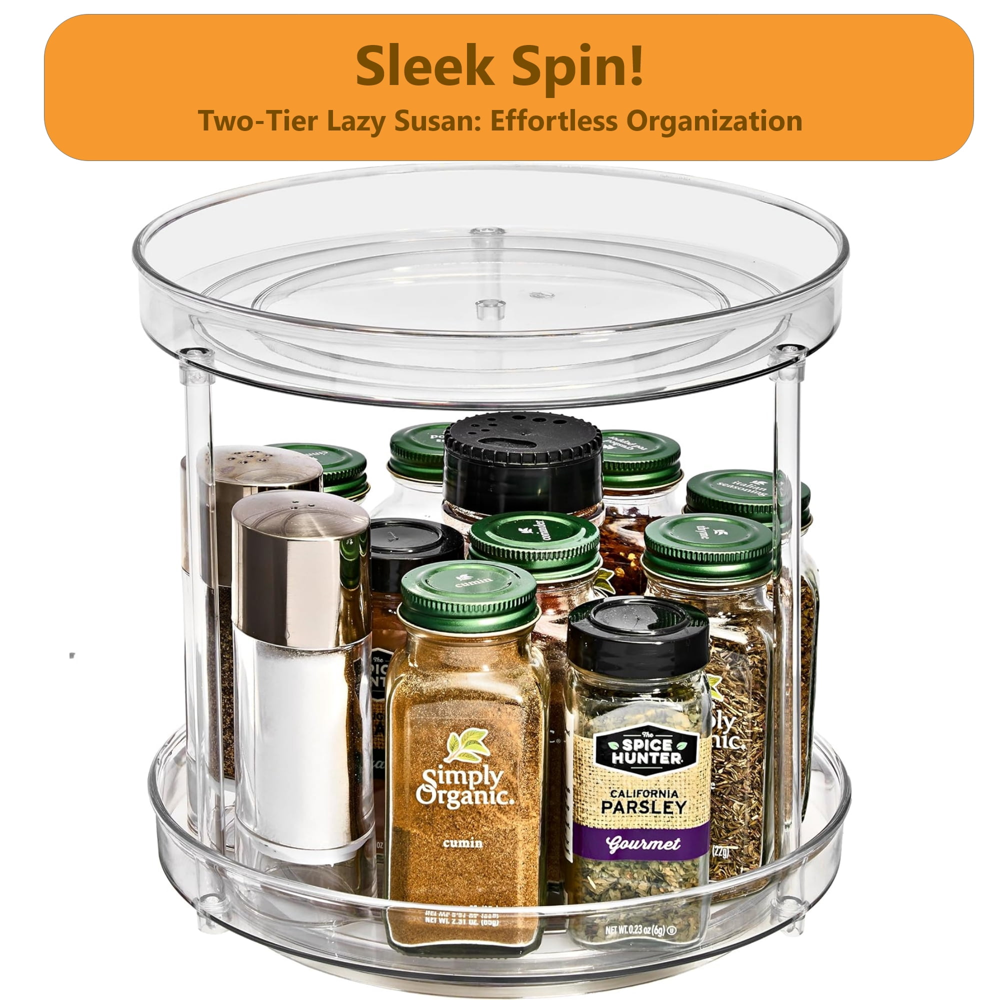 Sorbus 9-Inch 2-Tier Clear Lazy Susan with 2 Flat Turntables | Fridge, Pantry, Cabinet Organizers