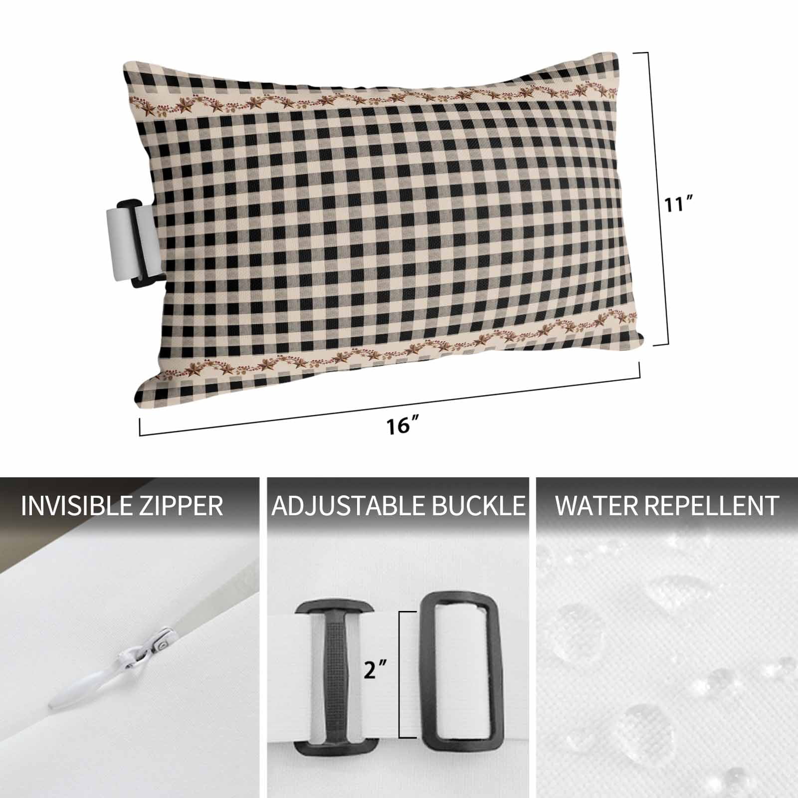 Country Black Buffalo Plaid Outdoor Chaise Lounge Pillows Retro Star Berries Vine Linen Texture Lumbar Pillows with Insert Adjustable Elastic Strap Headrest Pillow for Recliner 2 Pack 12x20 Inch
