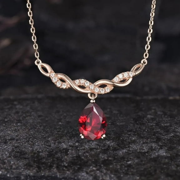 Pear Cut Ruby Necklace Delicate Diamond Twisted Split Shank Pendant IN 14K Rose Gold Vermeil- Art Deco July Birthstone Red Gemstone Ruby Pendant