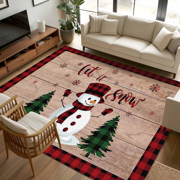 8x10 Area Rugs, Christmas Snowman Non-Skid Rubber Backing Large Rectangle Rugs - Living Room Bedroom Home Office, Xmas Trees Brown Wood Red Black Plaid Indoor Floor Mat Carpets Washable Rug