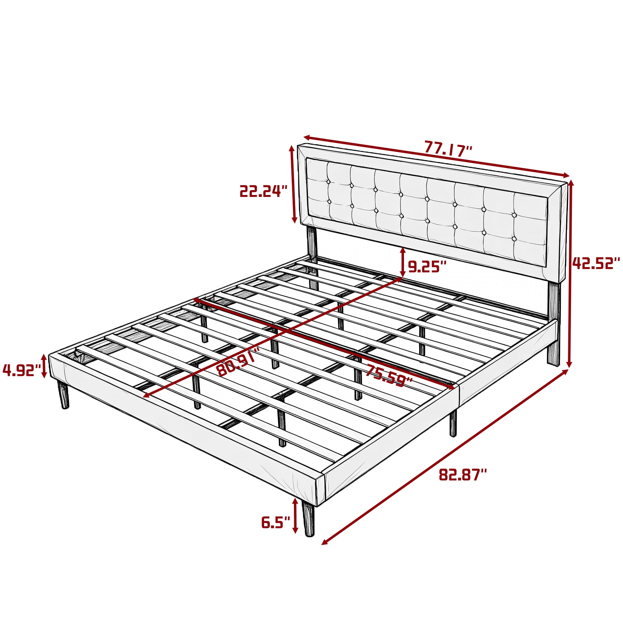 King Size Tufted Upholstered Platform Bed Frame with Solid Wood Slat Support, No Box Spring Needed Easy 30-Min Assembly Bedroom Bed Base