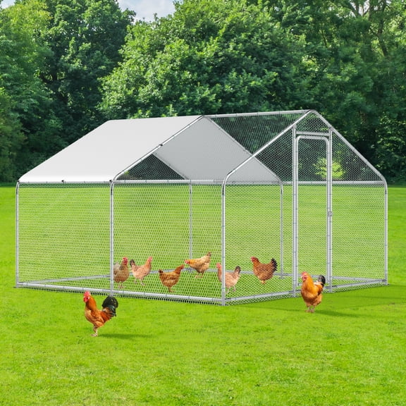 Large Metal Chicken Coop Walk-in Chicken Run Outdoor Poultry Pen for Yard with Cover Duck Rabbit Hen House, 9.8'L x 9.8'W x 6.6'H