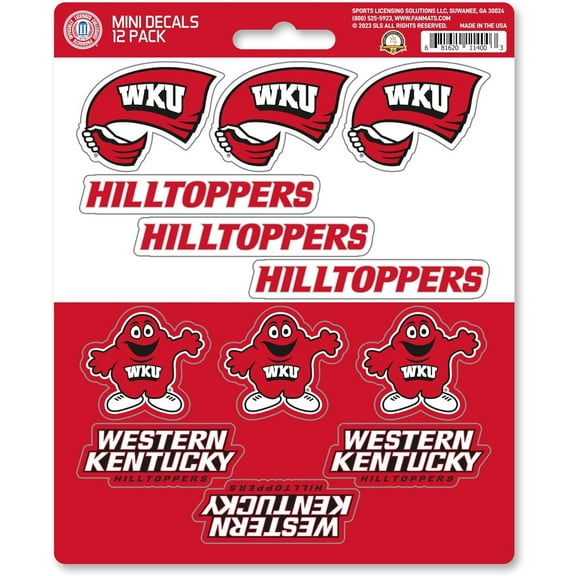 Western Kentucky University Hilltoppers 12-Piece Mini Decal Sticker Set, 5x6 Inch Sheet, Gift for football fans for any hard surfaces around home, automotive, personal items