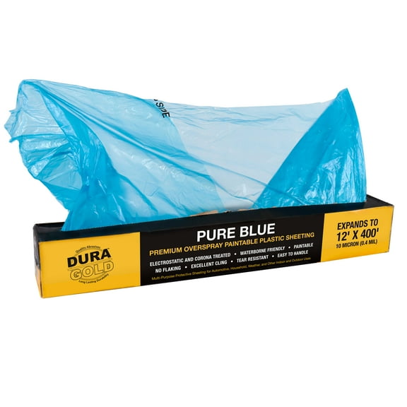 Dura-Gold 12' x 400' Roll of Pure Blue Premium Overspray Paintable Plastic Sheeting - 10 Micron, 0.4 Mil, Protective Masking Film Cover - Auto Car Painting, Bodyshop Repair, Household Cloth, Weather