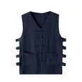 thumbnail image 2 of VBTAPA Men Plus Size Vest Basic Solid Cotton Linen Waistcoat Vintage Buckle Undershirt Loose Casual Sleeeveless Shirt with Pockets Navy XXXXL, 2 of 7