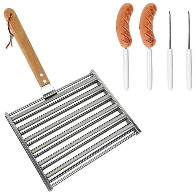 Rouleau à Hot-Dog avec Manche en Bois et 4 Brochettes de BBQ Cuit Uniformément Hot-Dog