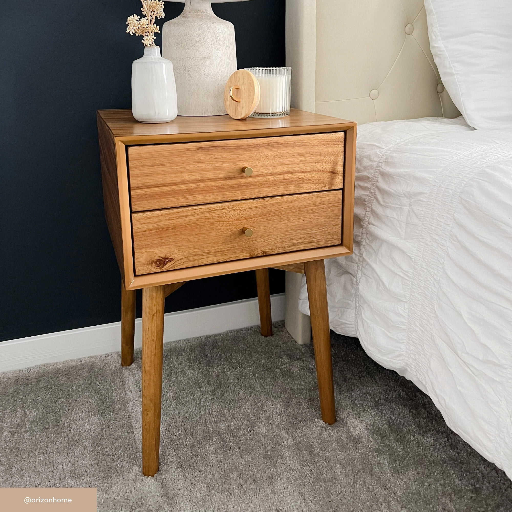 Nathan James Harper Mid-Century Oak Wood Nightstand with 2-Drawers, Small Side Table, End Table with Storage, Brown