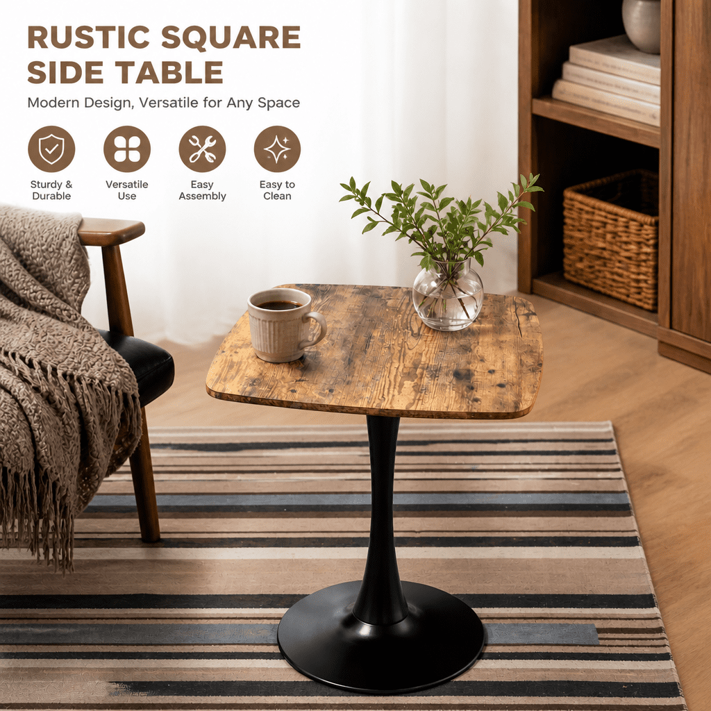 Square Dining Table, 24" Square Tulip Table with MDF Tabletop & Matte Black Metal Pedestal Base,Mid Century Modern Bistro Table for Kitchen, Small Places, Living Room, Cafe