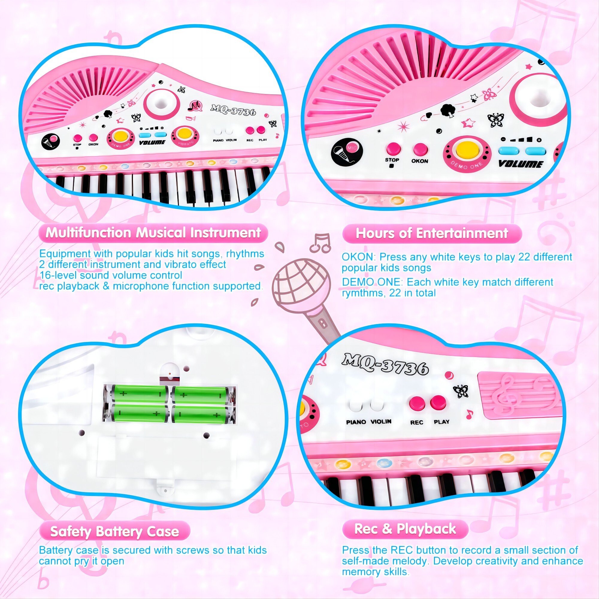 JBeeCtrl 37-Key Pink Piano Keyboard for Toddlers photo 5