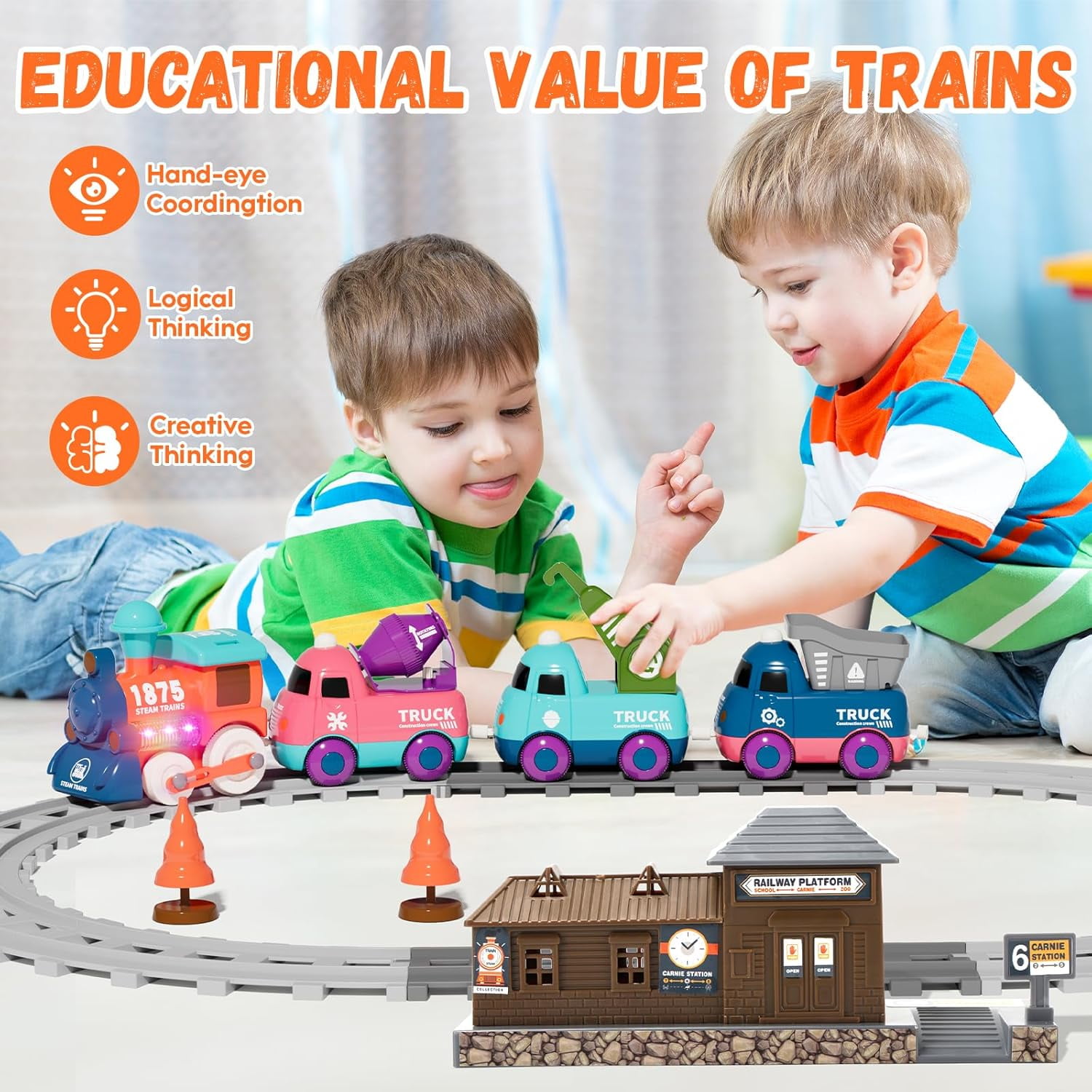 Electric Train Set for Toddlers 2-4, Magnetic Kids Trucks with Tracks, Toy Train with Light & Music, Birthday Gifts for 3-5 Years Old Boys Girls