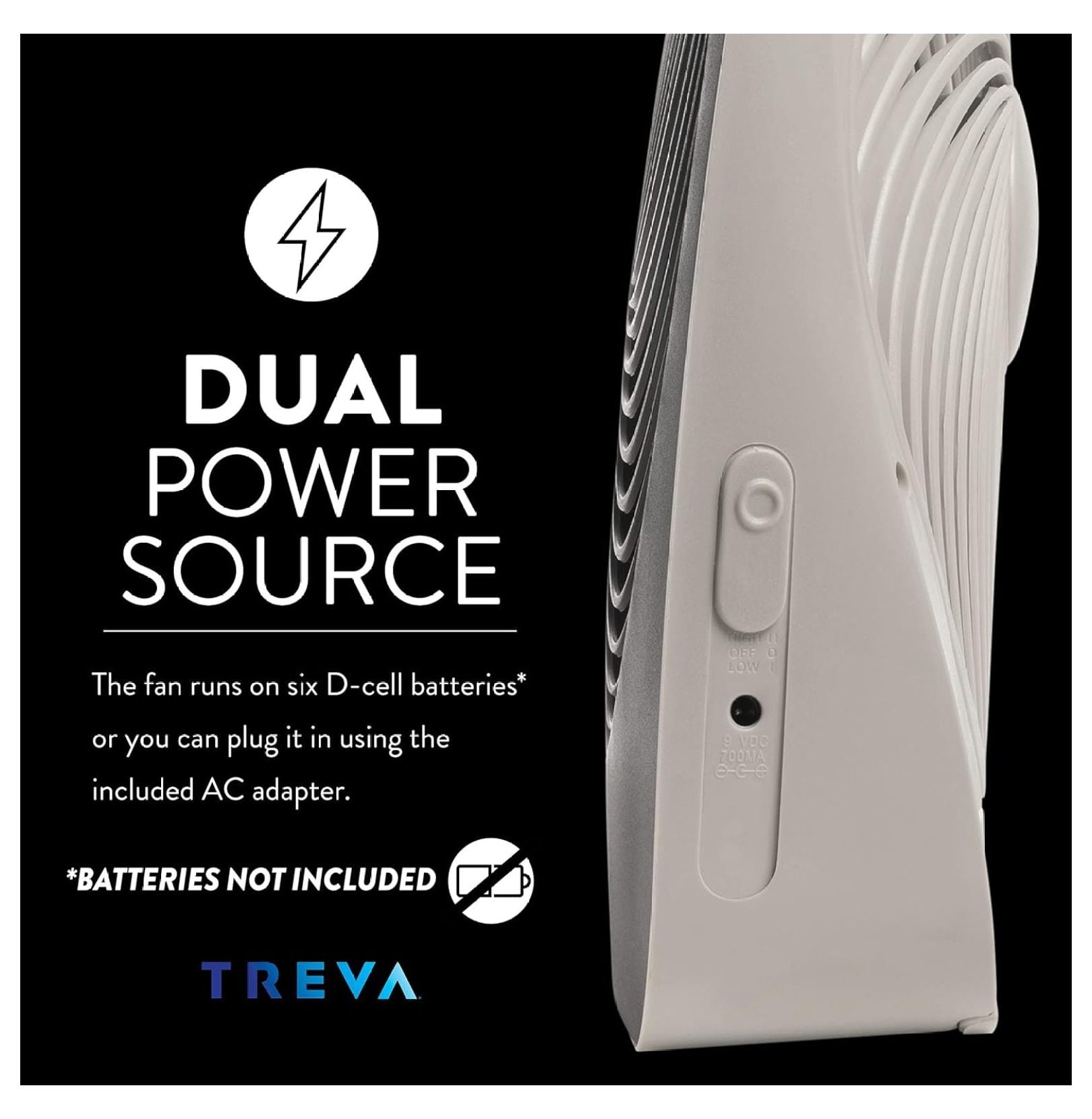 Treva 10-Inch Portable Desk Battery Fan, Powered by Battery and/or Adapter - Air Circulating with 2 Cooling Speeds, With Built In USB Charging Port