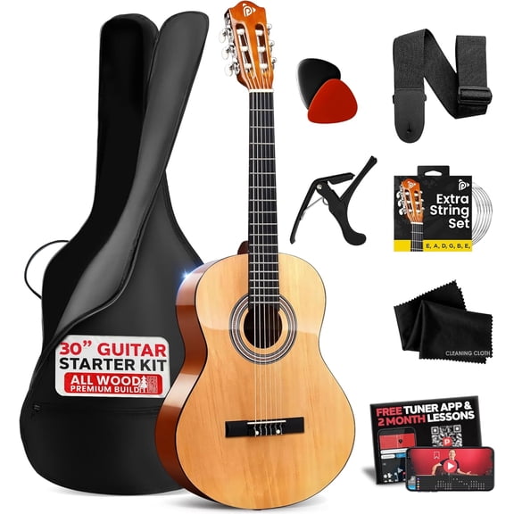 Pyle 30" 1/4 Size Beginner Acoustic Guitar Kit – All Wood Nylon String Instrument with Capo, Strap, Extra Strings & Gig Bag, Natural Gloss