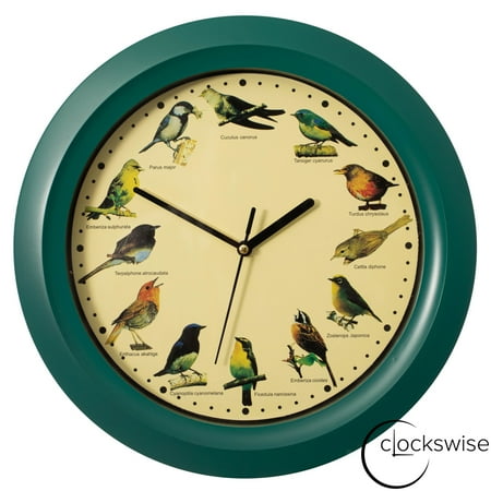Clockswise 12 Round Decorative Singing Bird Wall Clock Battery-Operated with Wild Nature Sounds Hourly Chime and Non-Ticking for Home Office Kitchen Dining Bedroom Classroom and Living Spaces, Green