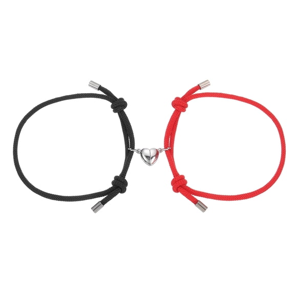 Uxcell Magnetic Couples Bracelets, His and Her Heart Matching Bracelet, Adjustable Braided Rope Cord for Anniversary Friends Women Men Gift, Black/Red