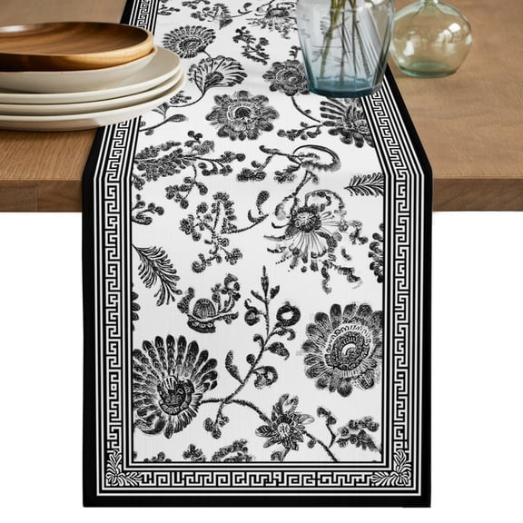 Table Runners 120 Inches Long Dress Scarves, Black Floral Farmhouse Coffee/Dining/Kitchen Table Decor Table Runner for Living Room, Vintage Flowers Leaves Farmhouse Greek Key 13x120 Inch