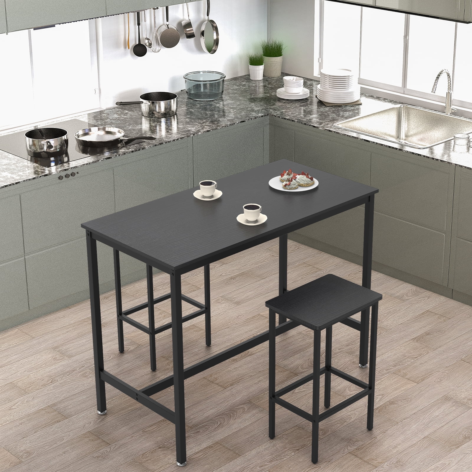 3 Piece Bar Table and 2 Chairs Set Counter Height Dining Set, Black