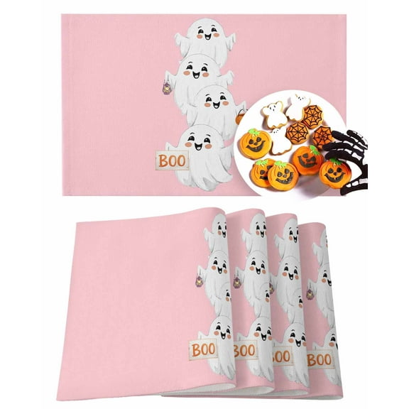 Halloween Placemats Set of 4 Ghost Pumpkin Candle Place Mats Fall Placemat Pink Cute Boo Spooky Table Mats for Dining Kitchen Table Holiday Dinner Party Home Decorations 13x19 Inch
