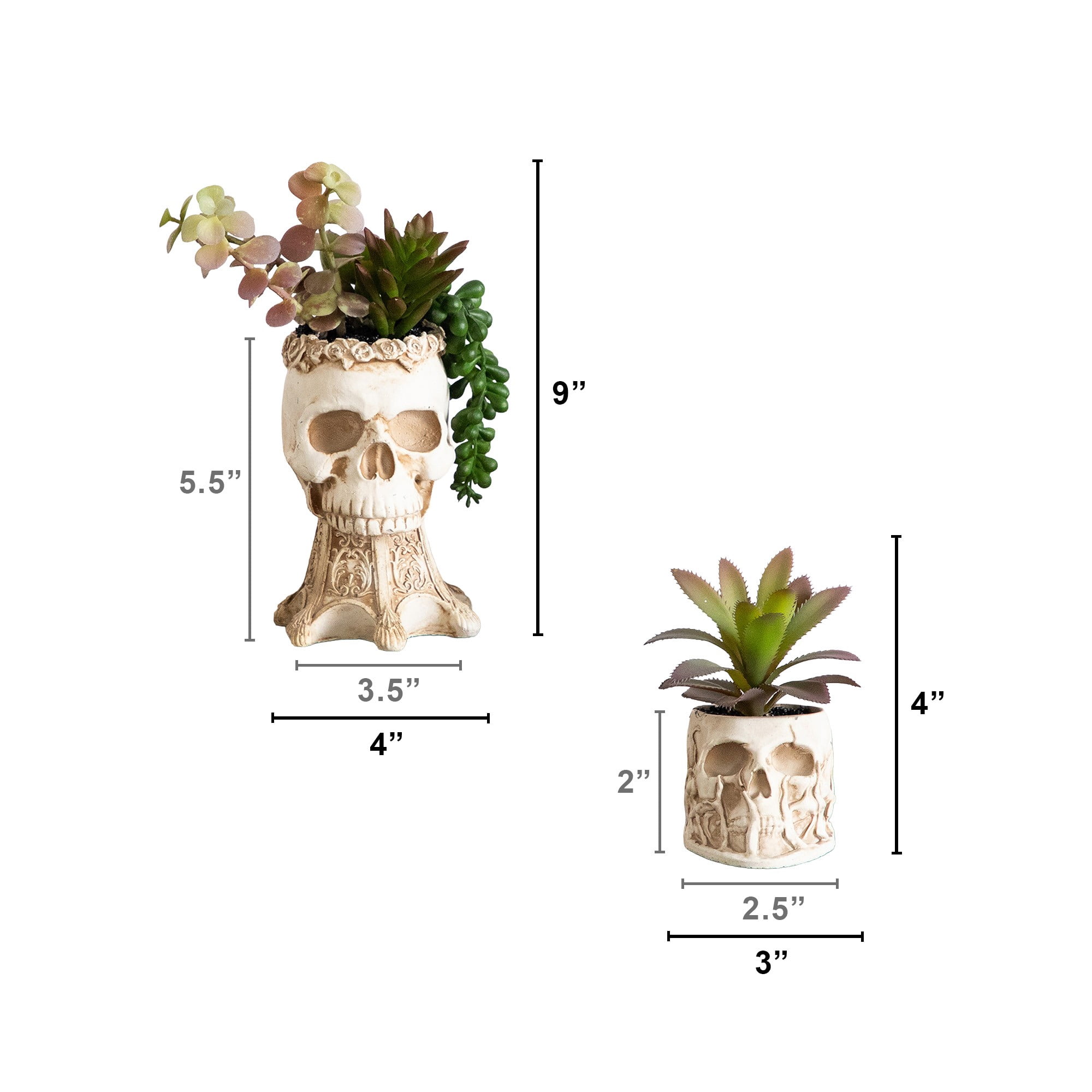 5.5in. and 9in. Artificial Halloween Succulent Garden in Skull Planter - Set of 2