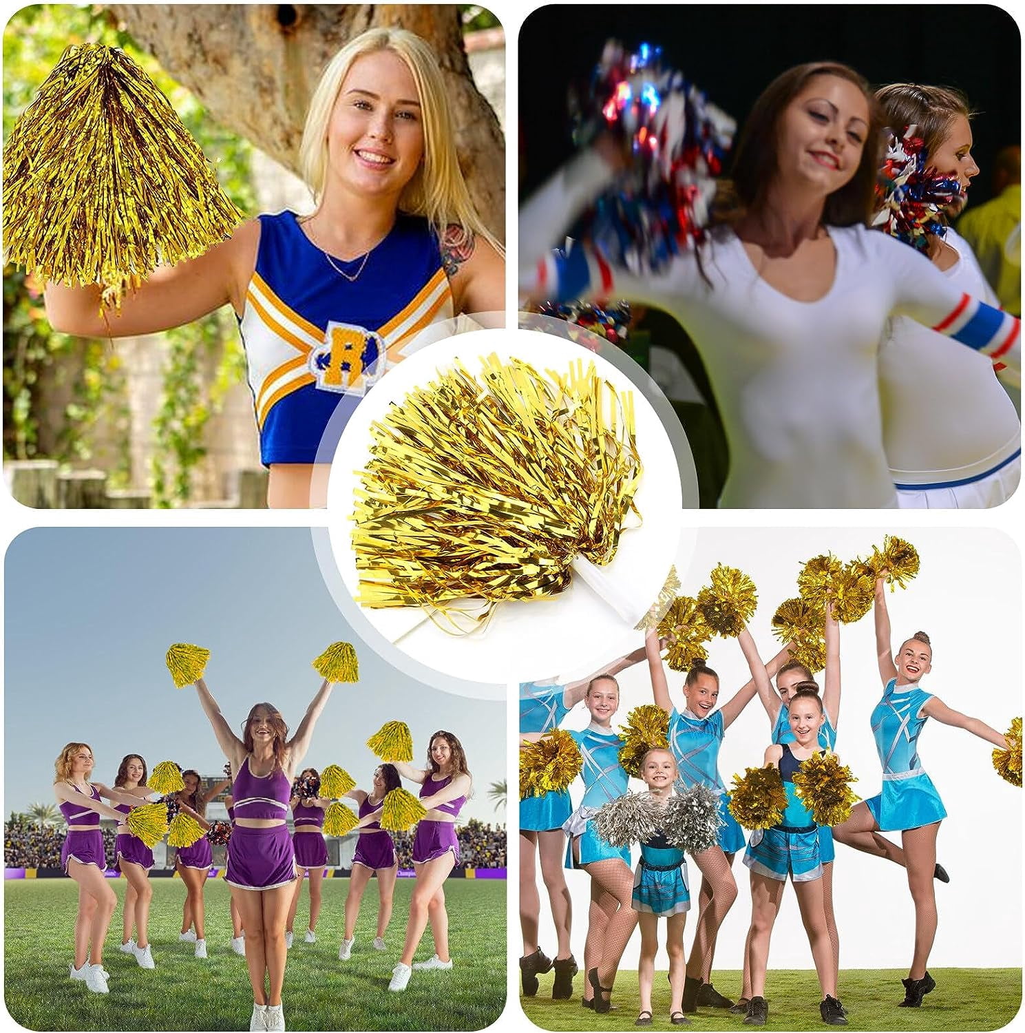 Pack of 12 Cheerleader Pompoms: Pom Poms Cheerleading with Handles Pom, Beautiful Pompoms Cheerleader Hand Flower Ribbons, Metallic Pompoms Cheerleading for Sports Competition Dancing Cheers Adults