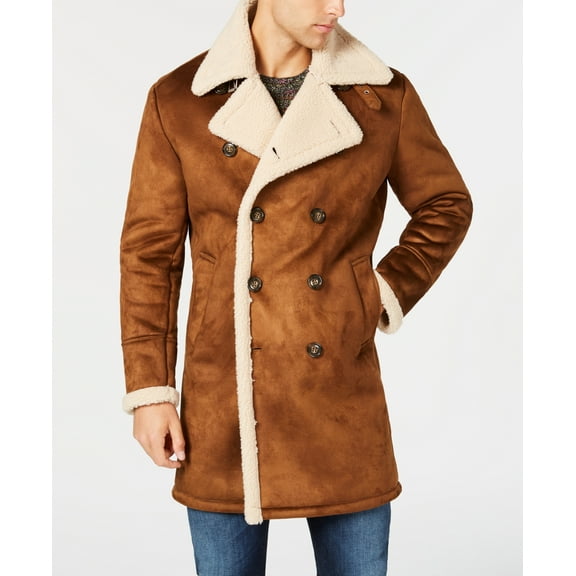 GUESS Mens Faux Shearling Coat, Brown, Small