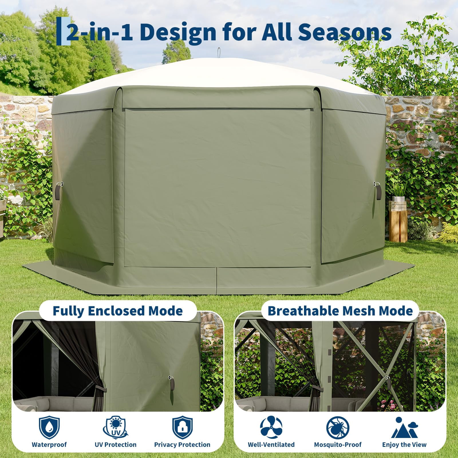 13x13FT 6-Sided Pop Up Canopy Tent，One-Push Setup Canopy Tent with Removable Canopy Top & Wind Cloths, Outdoor shelter for Camping, Backyard Parties, Outdoor Events - Green
