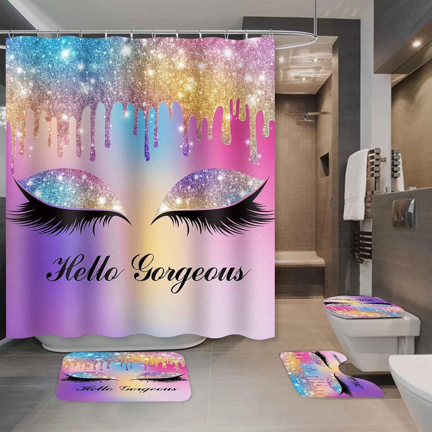 Hello Gorgeous Shower Curtain Set, 4PCS Purple Bathroom Sets with Colorful Twinkle Drips Pretty Eyelash Shower Curtains, Bath Rug, Toilet Lid Cover and U Shaped Mat, 12 Hooks, SETLSGU18