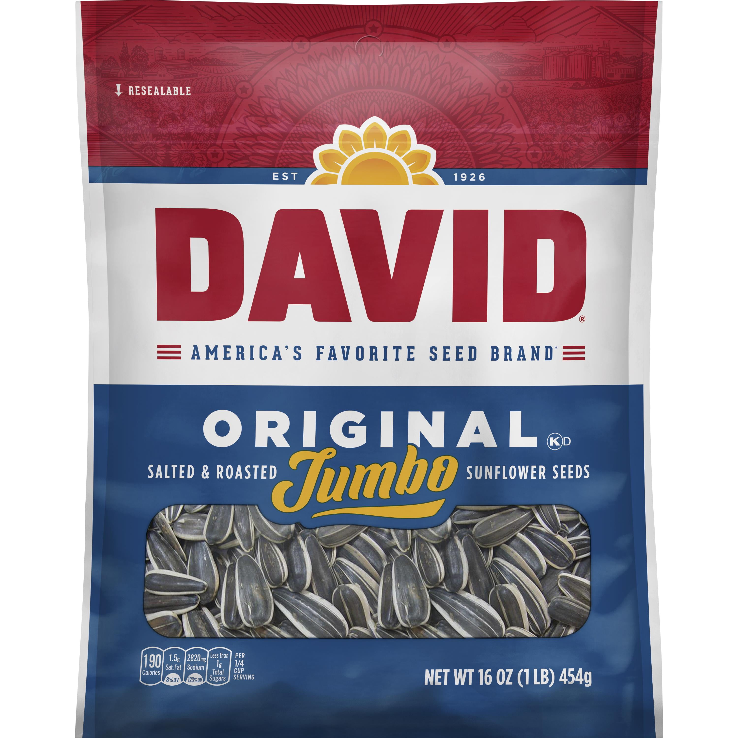 DAVID Original Salted and Roasted Jumbo Sunflower Seeds, 16 oz Resealable Bag