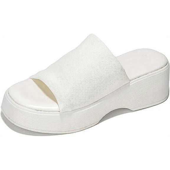 KK PAIR OF KINGS Platform Sandals Women Wedges Slides Chunky Heels Wedge Sandals Fabric Mule Fitted Cloud Lightweight Shoes Slipper Memory Foam (Off White, 5)