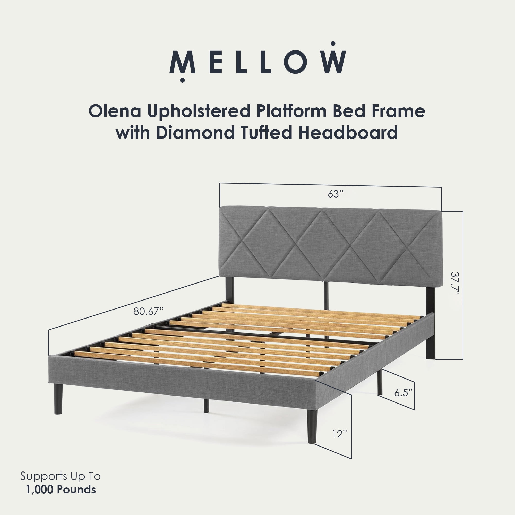 Mellow Olena Upholstered Platform Bed Frame with Diamond Channel Tufted Headboard, Queen