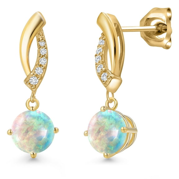 Gem Stone King 10K Yellow Gold Simulated White Opal and Lab Grown Diamond Stud Dangle Earrings for Women | 0.65 Cttw | Gemstone October Birthstone | Round Cabochon 6MM