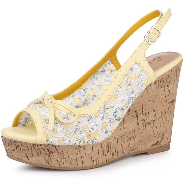Sandalias De Cuña Tacones De Plataforma De Madera Lazo De Encaje Para Mujeres Amarillo 36