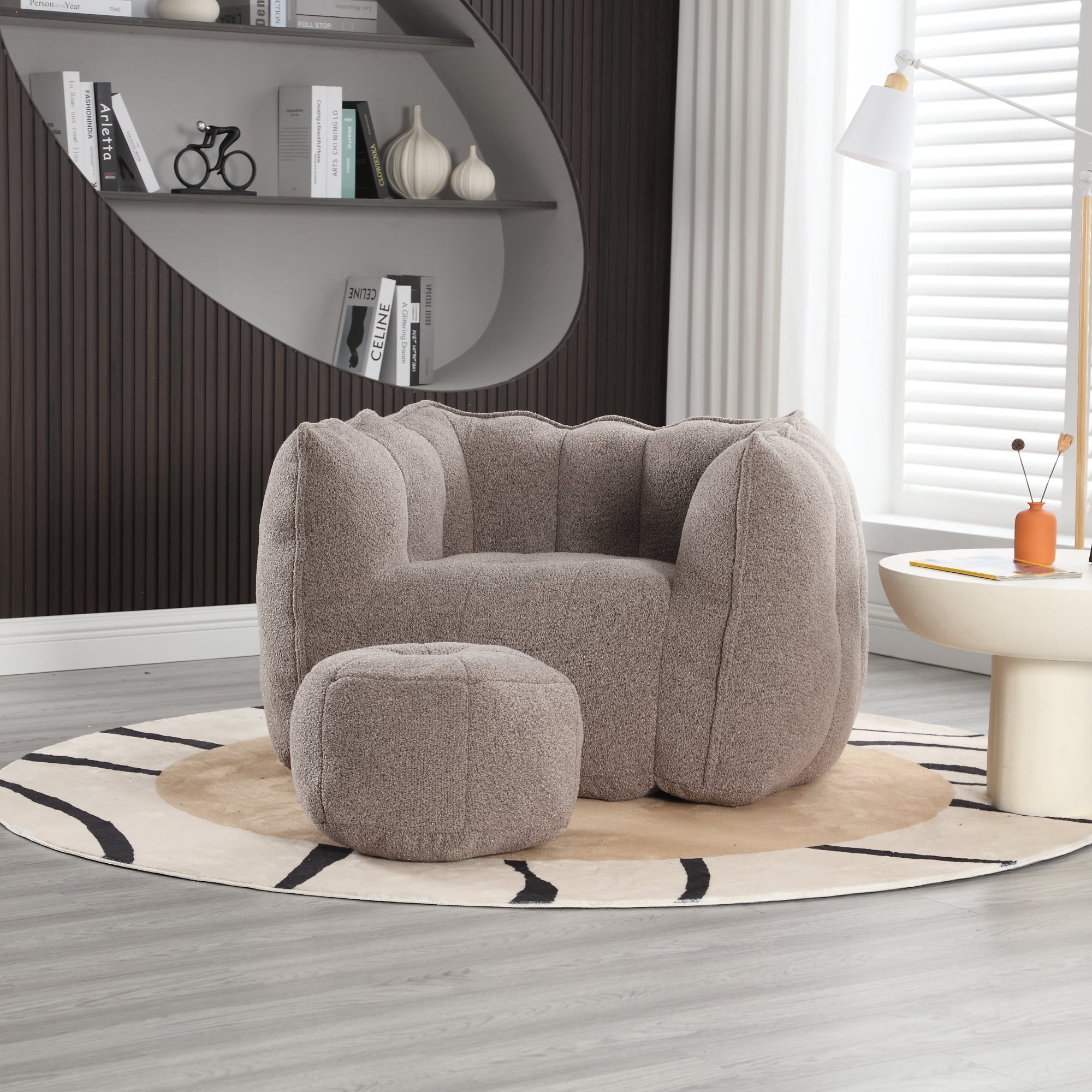 Bean Bag Chair with Footstool, Soft Lightweight Filled Bean Bag Sofa Chair with High Resilient Foam, Chenille Adult Bean Bag Chair with Armrests for Adults to Game, Read, Watch TV, Coffee