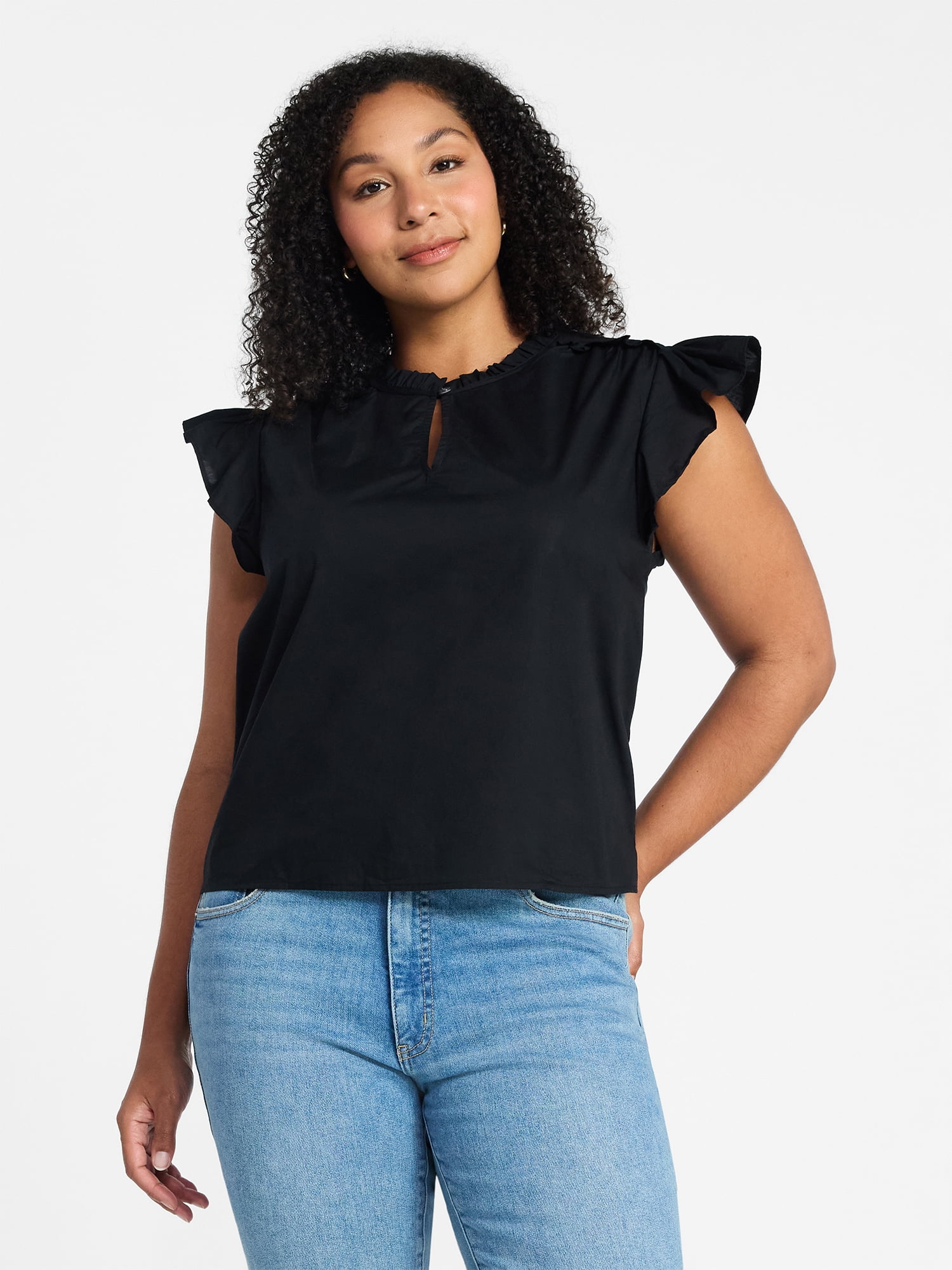 Time and Tru Women's Cotton Split Neck Top with Flutter Sleeves, Sizes XS-XXXL
