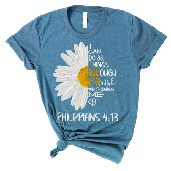 Love in Faith | I Can Do All Things Daisy Short Sleeve | Heather Deep Teal | Christian T-Shirts for Women | Faith Based Apparel |Christian Gifts