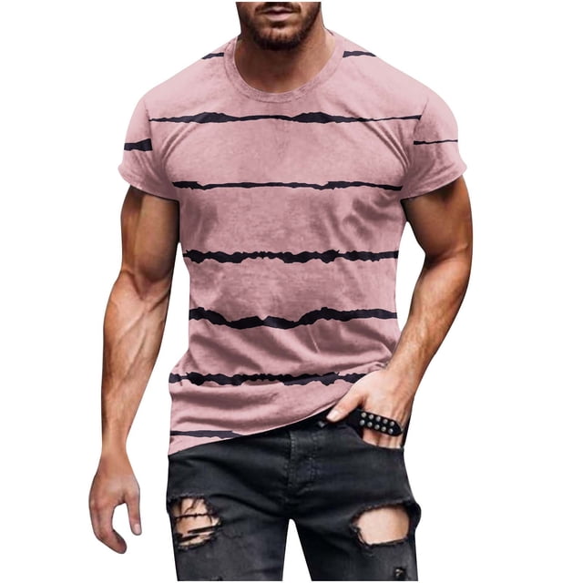 Penkiiy T-Shirt à Manches Courtes pour Hommes, Col Rond, Imprimé Rayé, Chandail de Sport Décontracté, Blouse 5TG Rose
