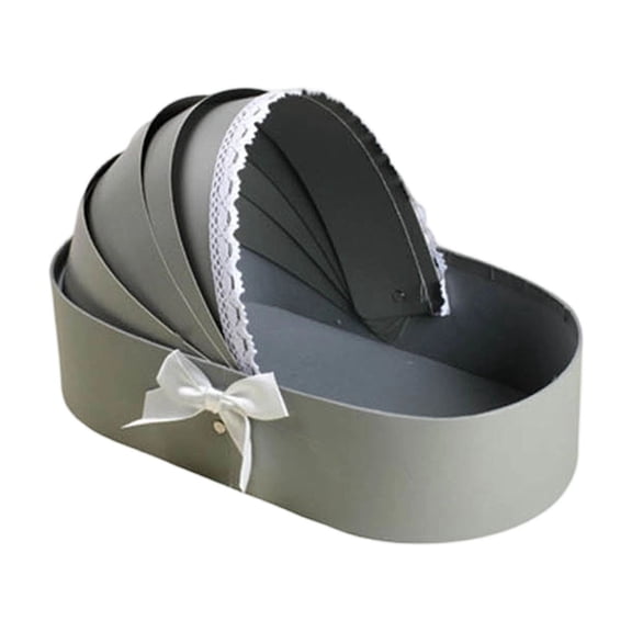 Floral Paper Cradle Basket, Cardboard Crib Flower Holder for Wedding Birthday Party Decorations, Gift Bouquet Centerpiece, Foldable Handle, Gray