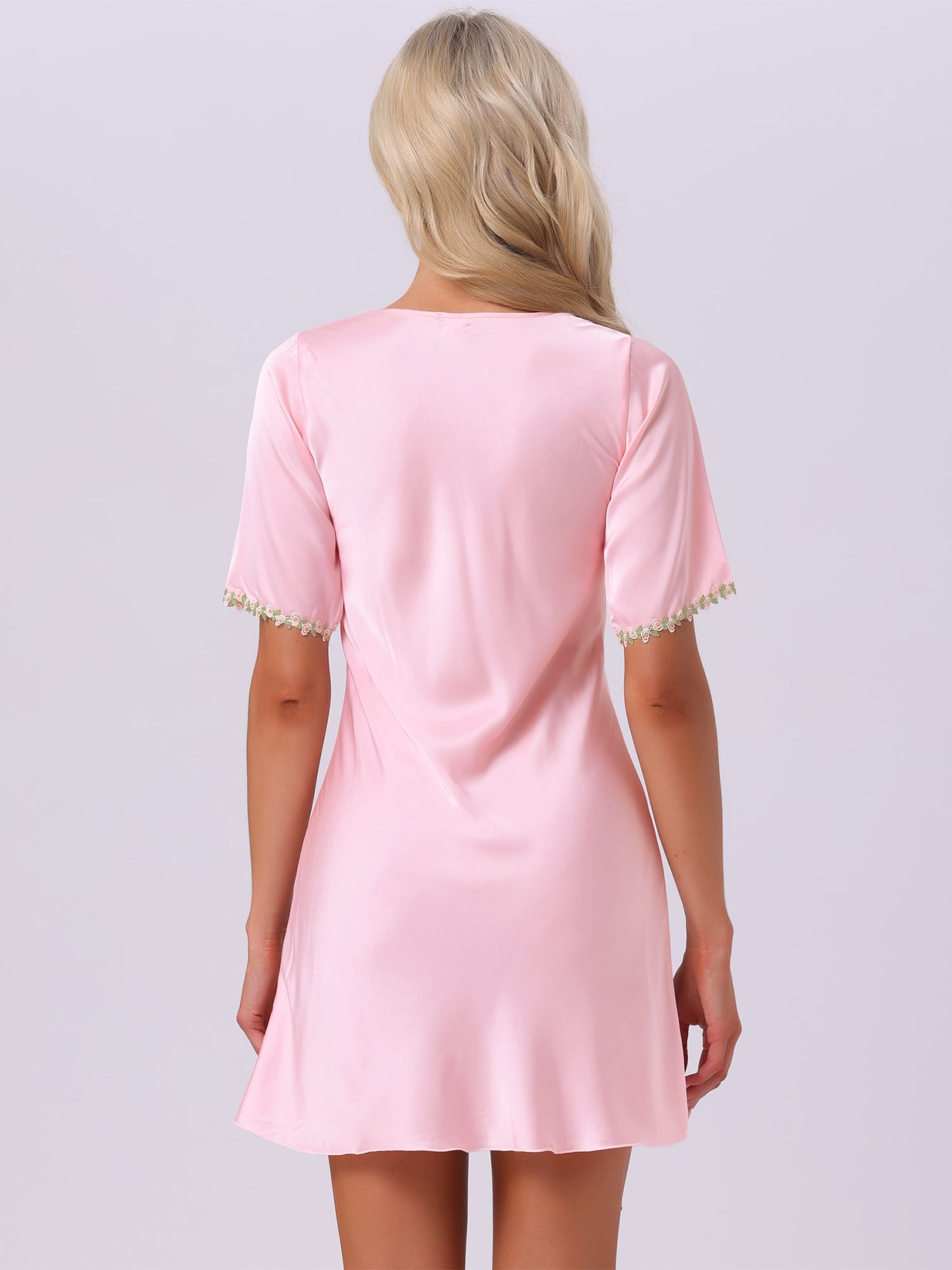 DARING DIVA Women's Floral Satin A-line V Neck Short Sleeve Sleepdress S Pink