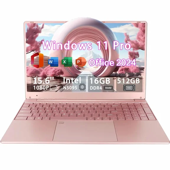 15.6" Business Pink Laptop Computes Windows 11 Pro Office 2024 Meeting camera Intel Celeron N5095 16GB RAM 512GB SSD Lightweight Student Notebook PC Computer for Work, Backlit Keyboard WiFi5 BT 5.0