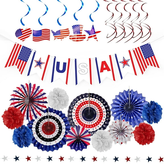 4E's Novelty 24 Pcs Patriotic Hanging Decorations, 6 Pcs Hanging Patriotic Banner Paper Fans Red White Blue Decor with Star Streamer, American Independence Day Sign with USA Flag Indoor Outdoor Decor