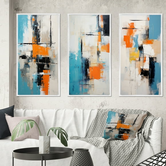 Designart "Deconstructed Minimalism Cubist Visions II" Abstract Painting Framed Wall Art Set Of 3 - Blue Modern Frame Canvas Set For Living Room Decor