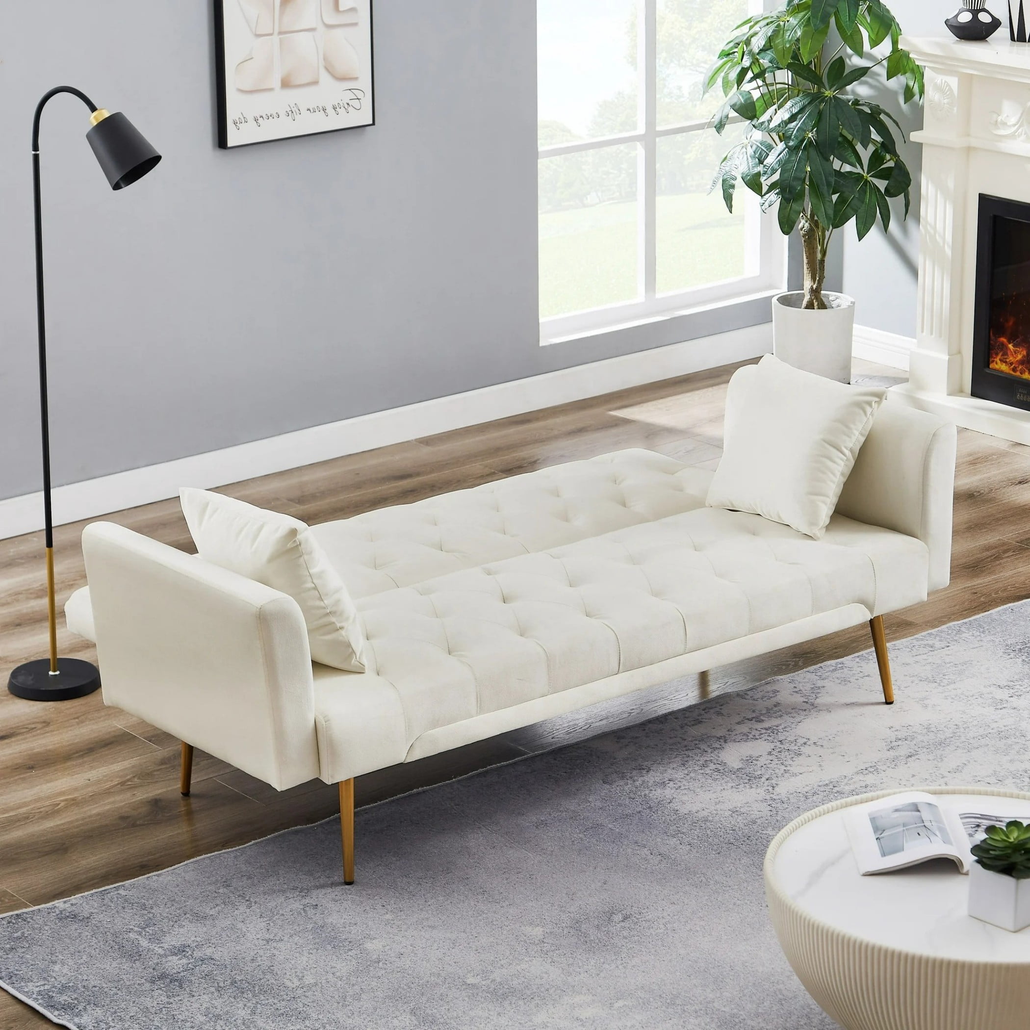 Leumius 71 Inches Velvet Futon Sofa Bed with 2 Pillows,Modern Convertible Futon Couch with Adjustable Backrest,Beige 02