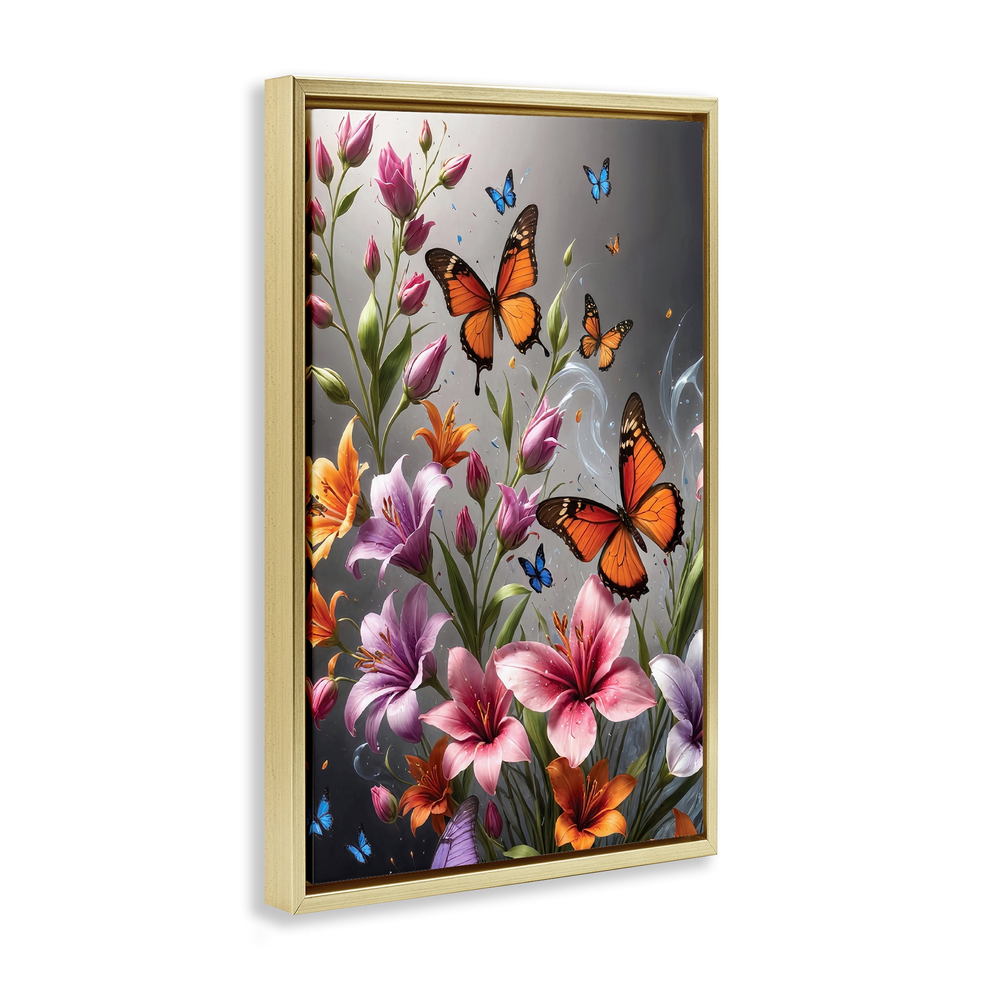 Stupell Industries Monarch Butterflies & Lilies Animals Painting Gold Floater Framed Canvas Art Print Wall Art, 17 x 25