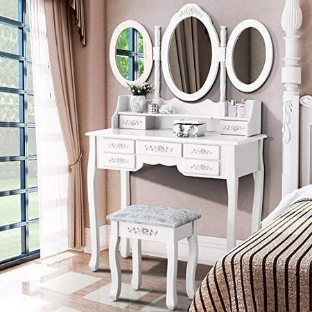UBesGoo Tri Folding Mirror Wood Bathroom Vanity Makeup Table Set with Stool &7 Drawers (White)