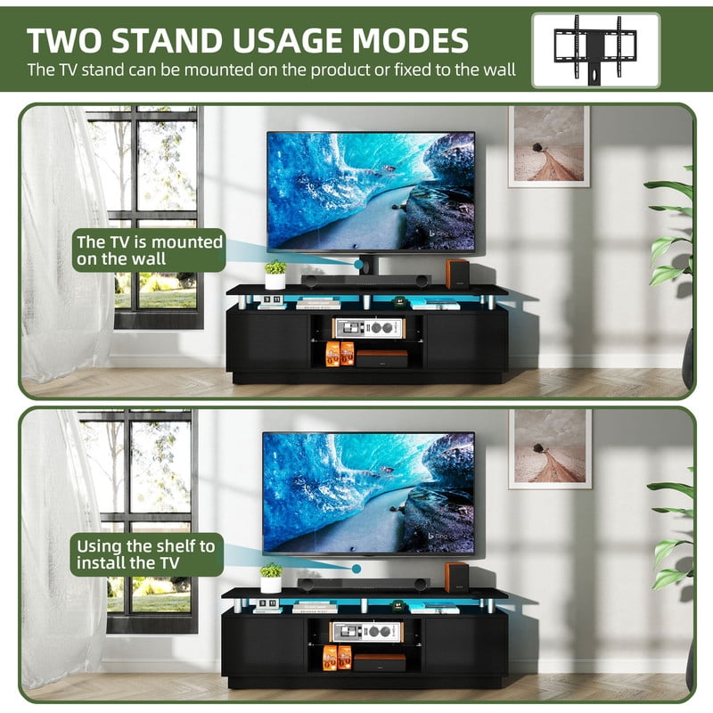 Uforic LED TV Stand with Mount & Power Outlet, Height Adjustable TV Mount for 75/65/60 inch TVs, Black