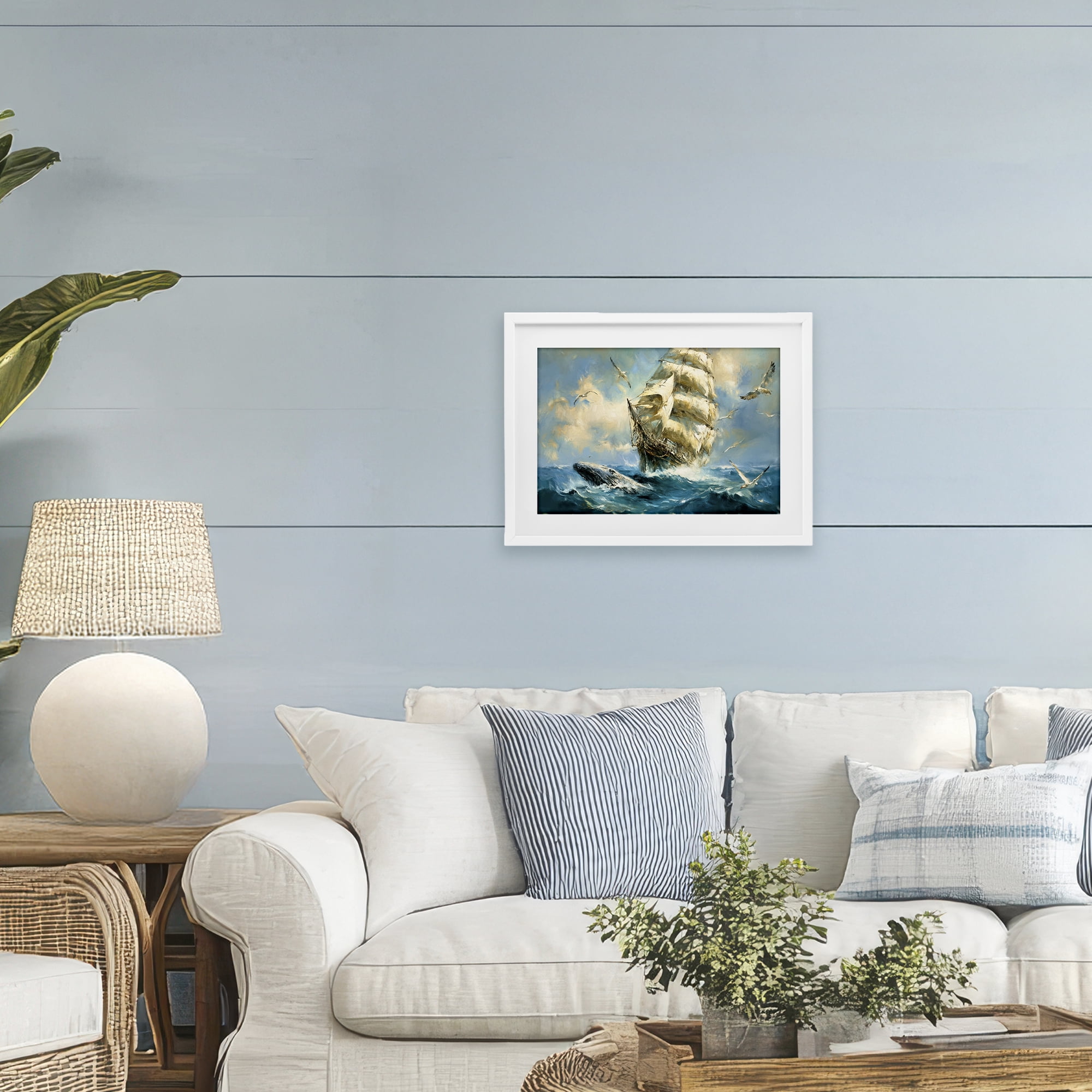 Stupell Industries Clipper Ship & The Whale White Framed Print Under Glass, design by Tina LeCour