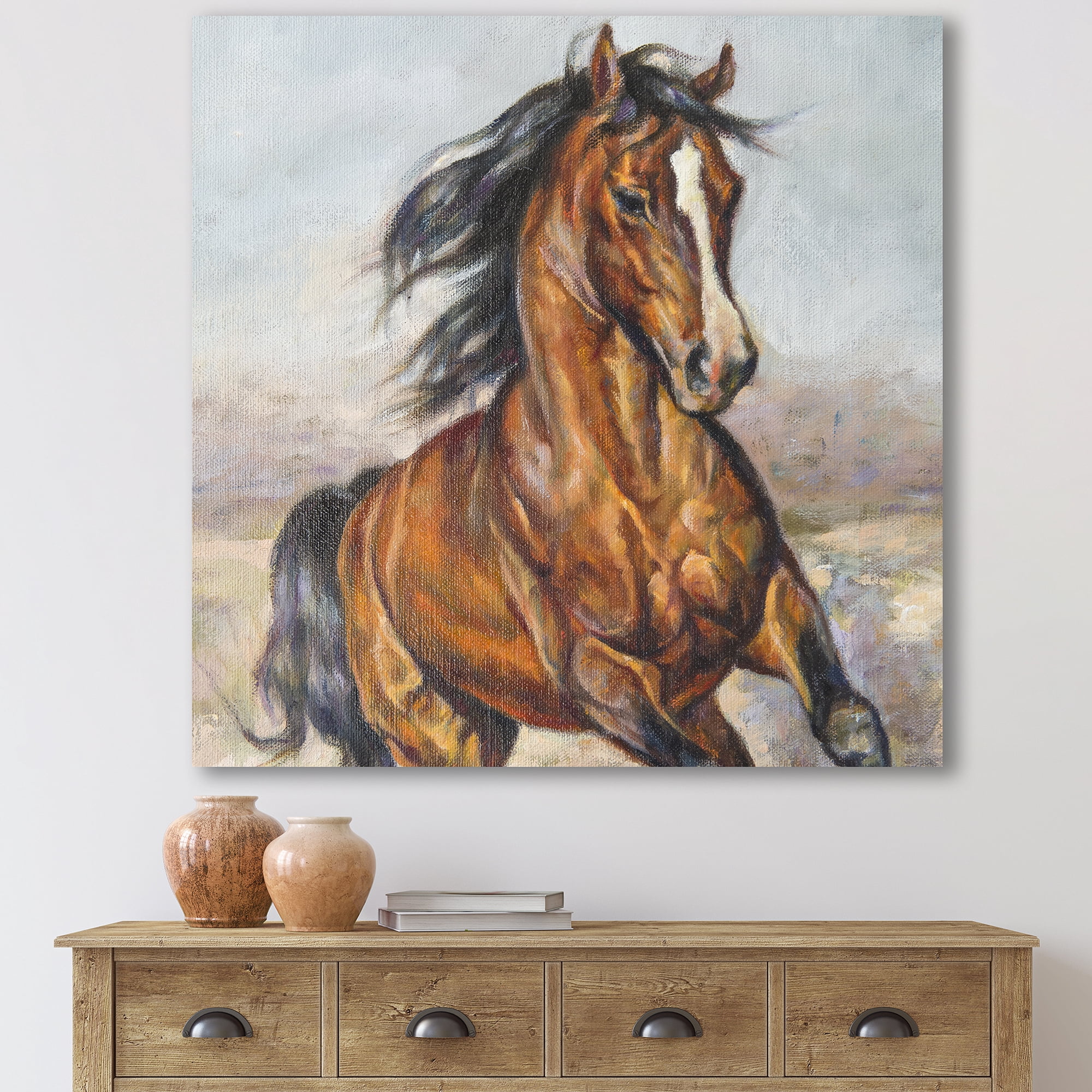 Close Up Portrait Of A Horse In The Race 30 in x 30 in Painting Canvas Art Print, by Designart
