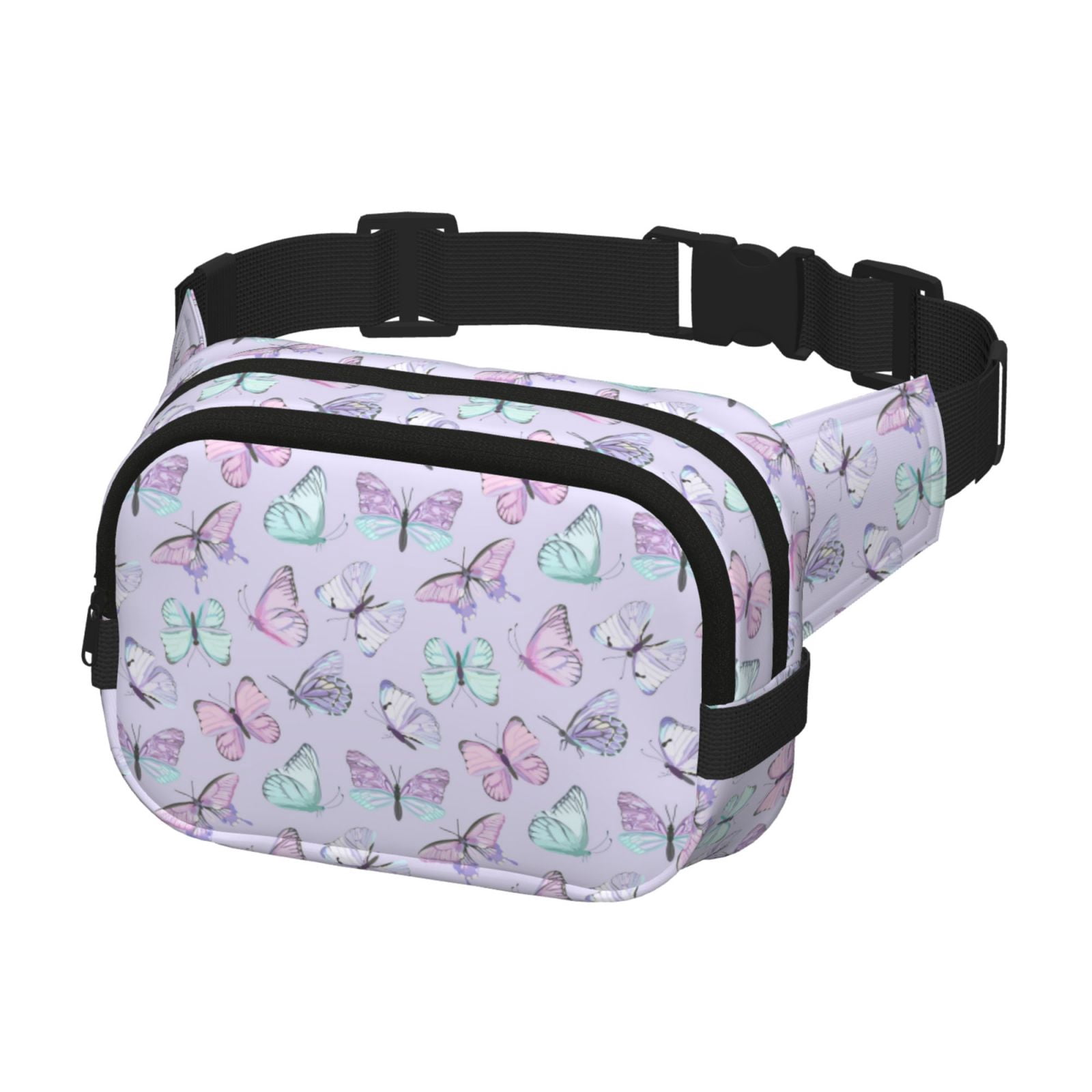 Kuqiui Purple Butterfly Print Fanny Packs for Women Cross Body Waist Bag Fashionable Fanny Pack Designer Workout Hiking Waist Pack Running Travel Gym