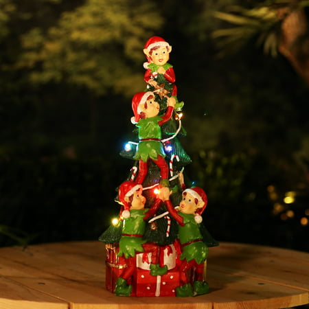 Alpine Corporation Christmas Tree and Stacked Elves Statue with LED