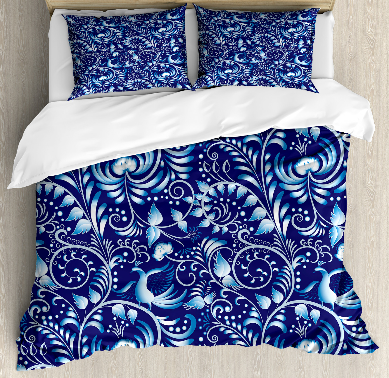 Navy Duvet Cover Set, Folk Chinese Design Inspired Floral Swirls